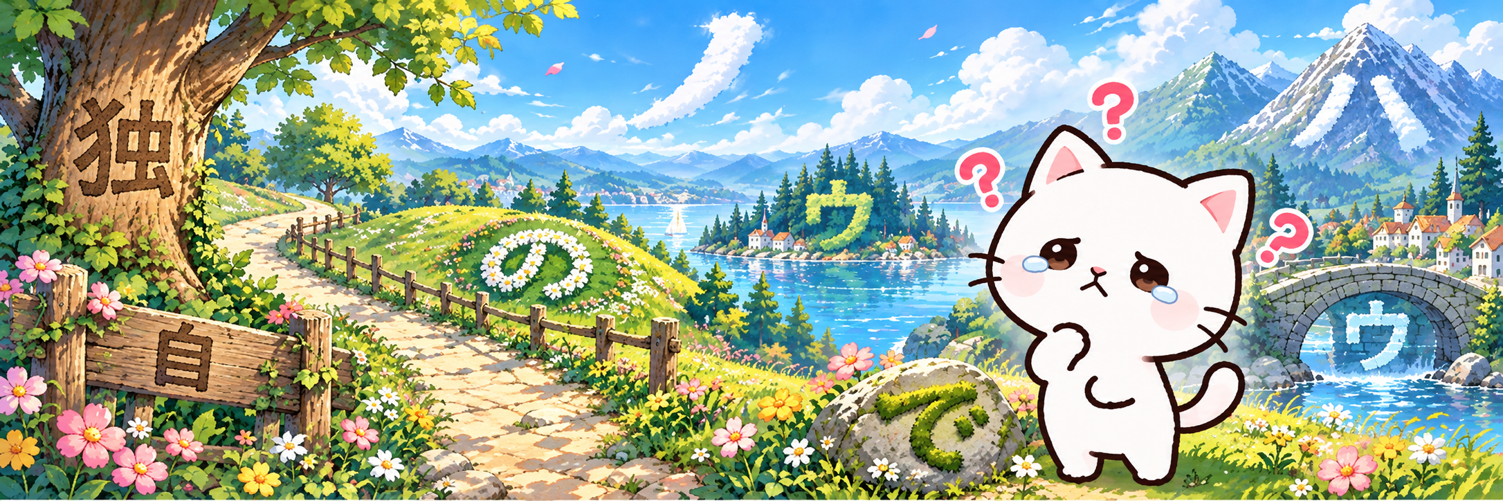 Puzzled cat in a hidden-character valley